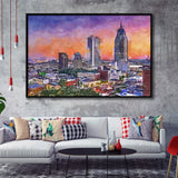 Mobile Alabama Usa Downtown Skyline Dusk City Art Watercolor Framed Canvas Prints Wall Art Home Decor,Floating Frame