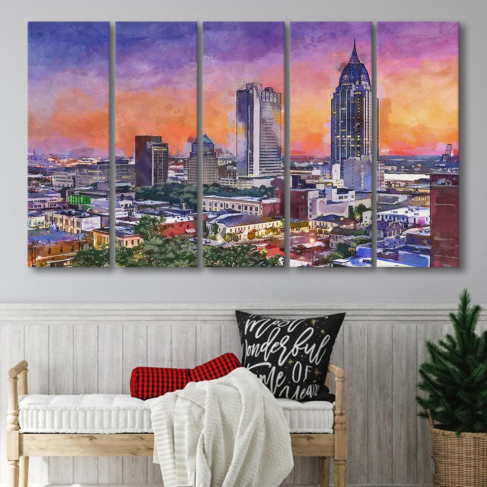 Mobile Alabama Usa Downtown Skyline Dusk 5 Pieces Extra Large Canvas Prints Wall Art Home Decor