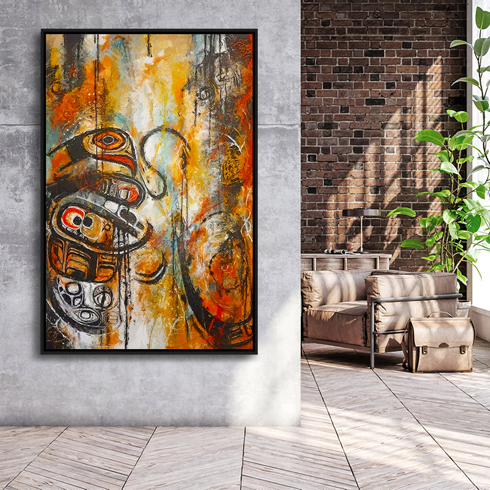 Modern Indigenous Abstract Art Framed Canvas Prints Wall Art, Floating Frame, Large Canvas Home Decor