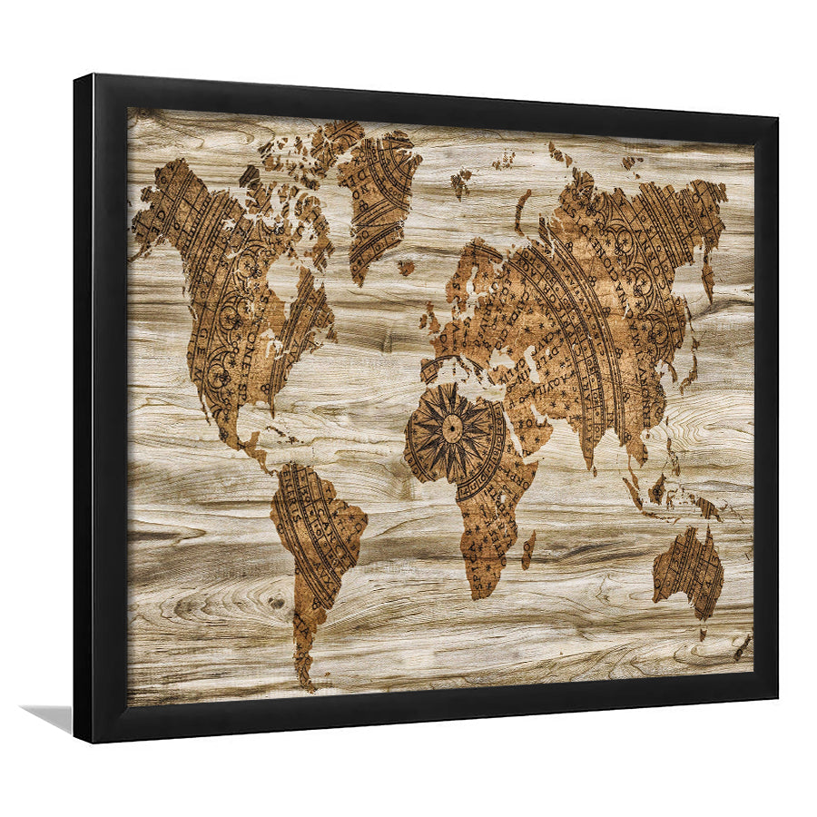 Modern World Map, Wood Style Map Print Framed Art Prints Wall Art Decor,Black Frame, Ready to hang
