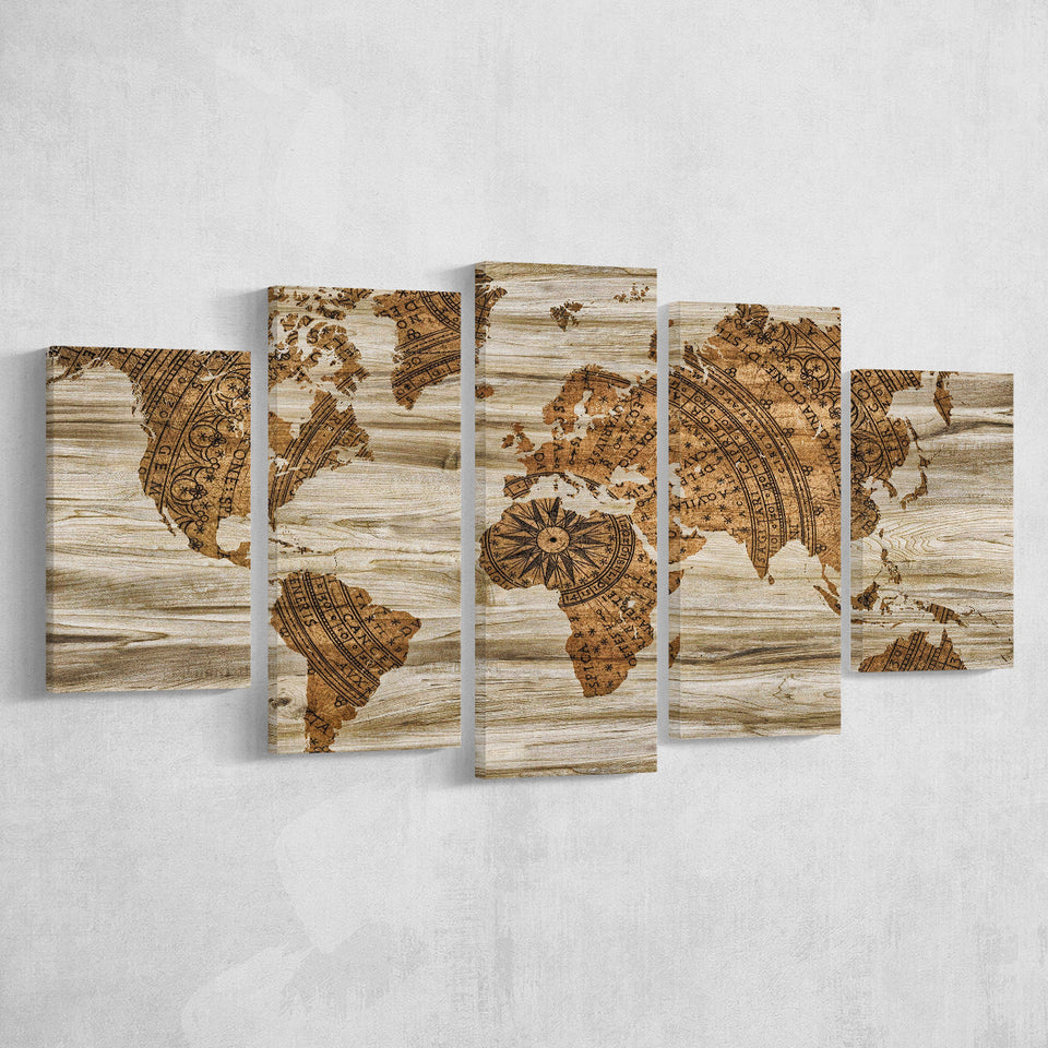 Modern World Map, Wood Style Map Print Multi Panels,Canvas Prints Wall Art Home Decor