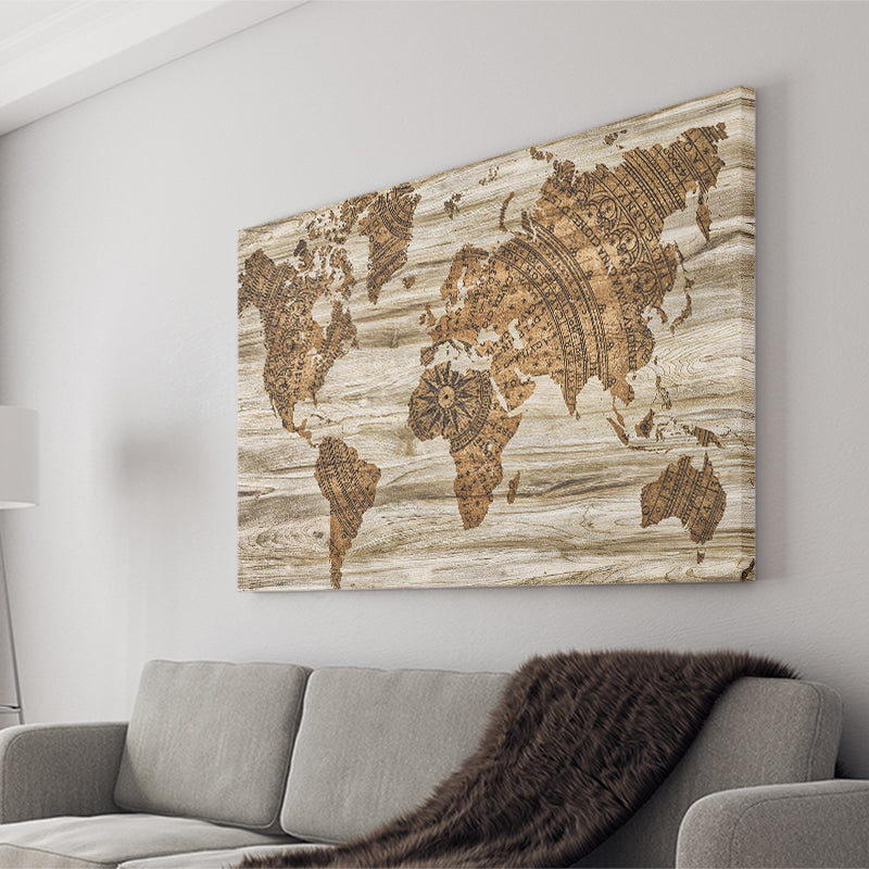 Modern World Map, Wood Style Map Print Canvas Prints Wall Art Home Decor - Painting Canvas, Ready to hang