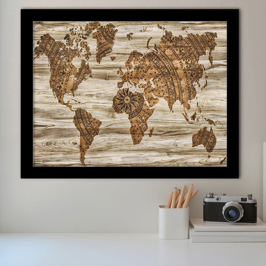 Modern World Map, Wood Style Map Print Framed Art Prints Wall Art Decor,Black Frame, Ready to hang