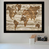 Modern World Map, Wood Style Map Print Framed Art Prints Wall Art Decor,Black Frame, Ready to hang
