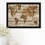 Modern World Map, Wood Style Map Print Framed Canvas Prints Wall Art Decor, Black Floating Frame