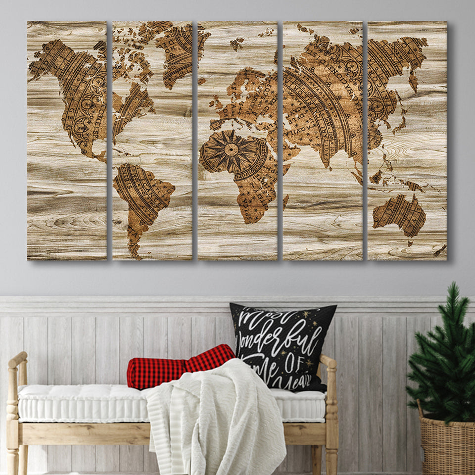 Modern World Map, Wood Style Map Print 5 Panels B,Large Canvas,Canvas Prints Wall Art Home Decor