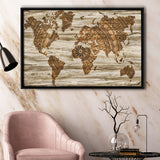 Modern World Map, Wood Style Map Print Framed Canvas Prints Wall Art Decor, Black Floating Frame