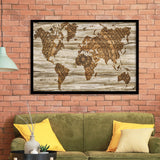 Modern World Map, Wood Style Map Print Framed Art Prints Wall Art Decor,Black Frame, Ready to hang