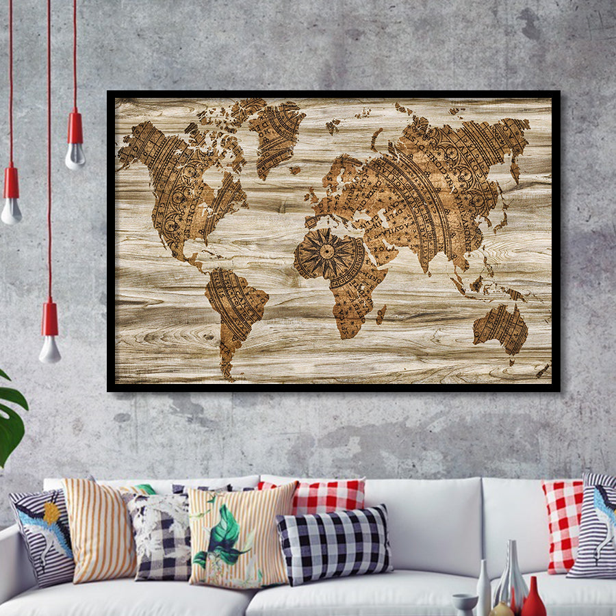 Modern World Map, Wood Style Map Print Framed Art Prints Wall Art Decor,Black Frame, Ready to hang