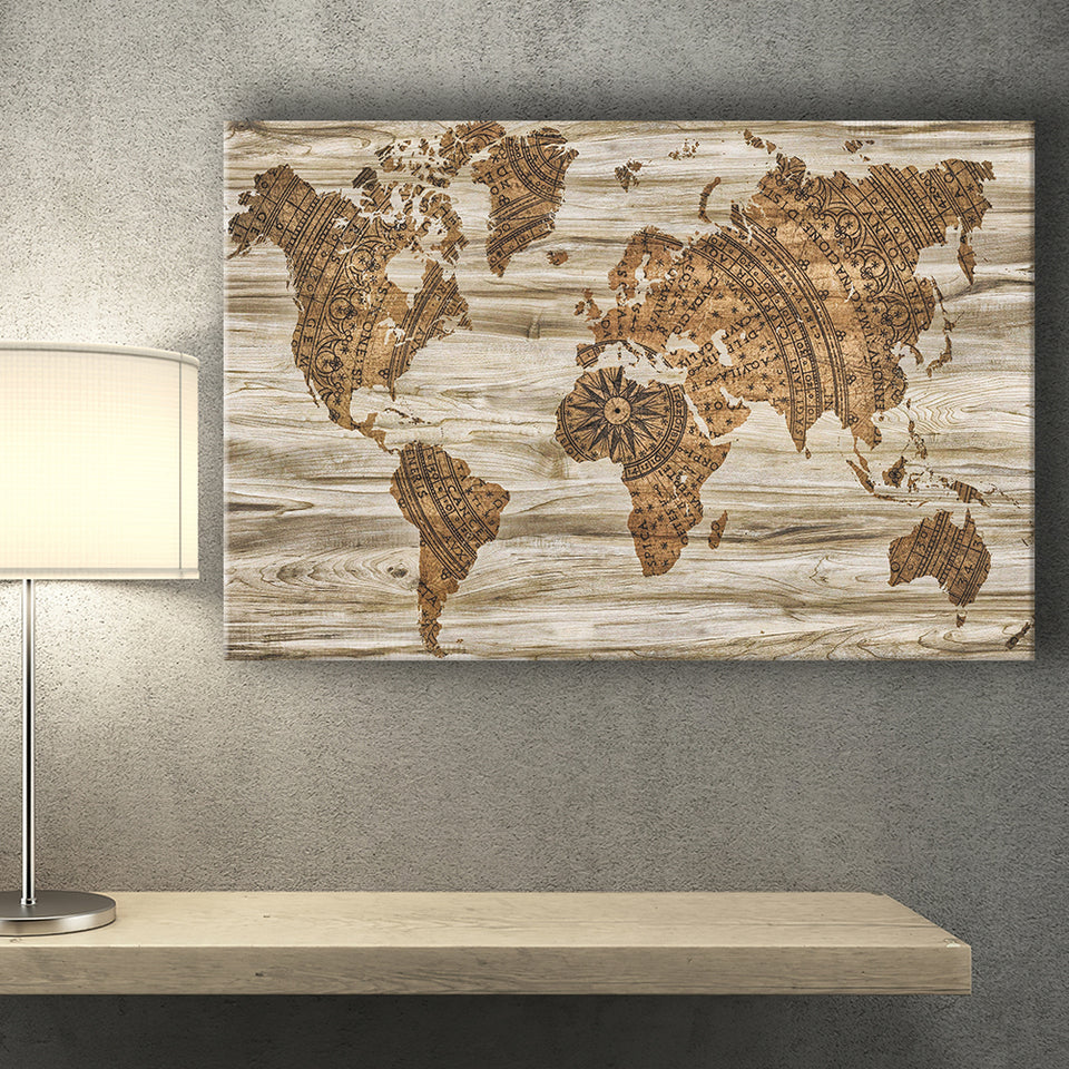 Modern World Map, Wood Style Map Print Canvas Prints Wall Art Home Decor - Painting Canvas, Ready to hang