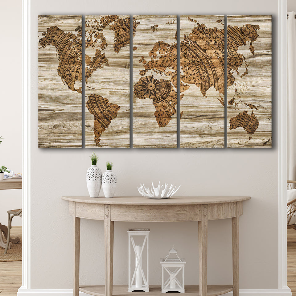 Modern World Map, Wood Style Map Print 5 Panels B,Large Canvas,Canvas Prints Wall Art Home Decor