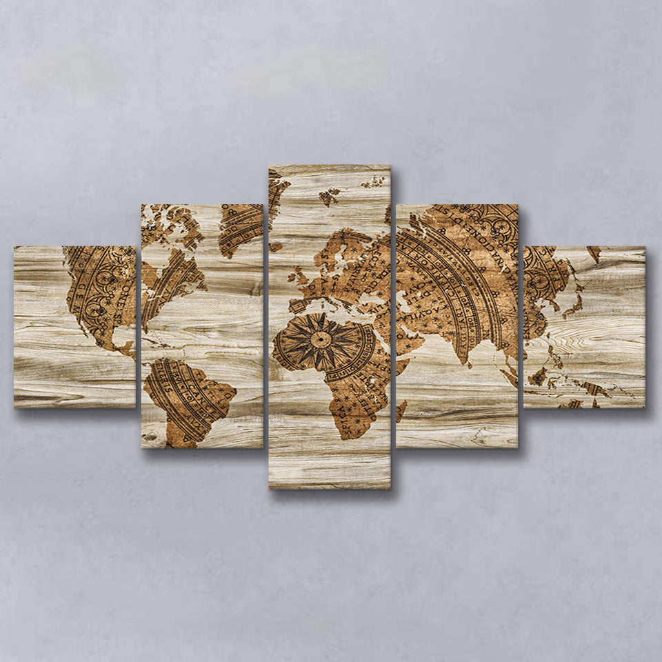 Modern World Map, Wood Style Map Print Multi Panels,Canvas Prints Wall Art Home Decor