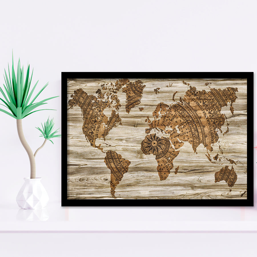 Modern World Map, Wood Style Map Print Framed Art Prints Wall Art Decor,Black Frame, Ready to hang