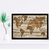 Modern World Map, Wood Style Map Print Framed Art Prints Wall Art Decor,Black Frame, Ready to hang