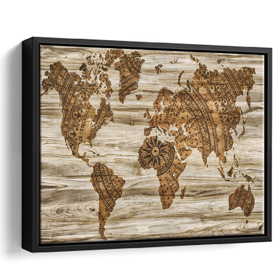 Modern World Map, Wood Style Map Print Framed Canvas Prints Wall Art Decor, Black Floating Frame
