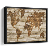 Modern World Map, Wood Style Map Print Framed Canvas Prints Wall Art Decor, Black Floating Frame