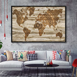Modern World Map, Wood Style Map Print Framed Canvas Prints Wall Art Decor, Black Floating Frame