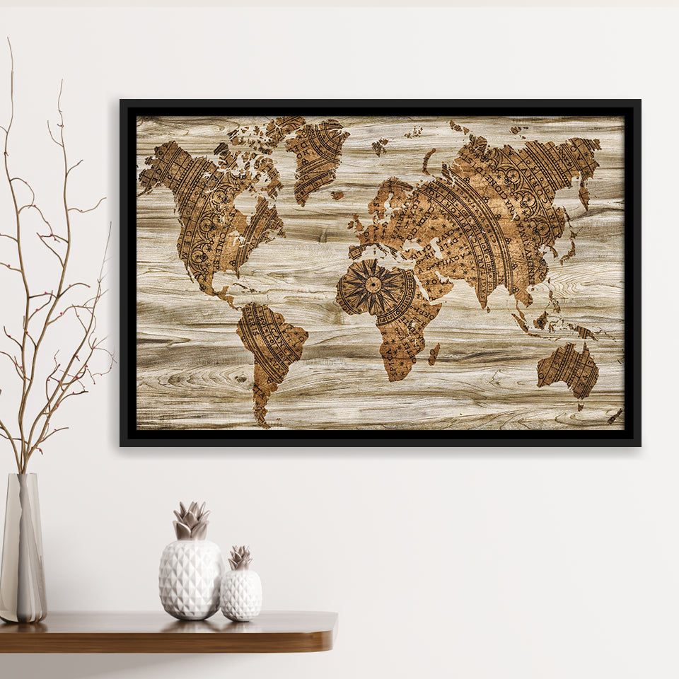 Modern World Map, Wood Style Map Print Framed Canvas Prints Wall Art Decor, Black Floating Frame