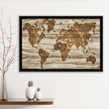 Modern World Map, Wood Style Map Print Framed Canvas Prints Wall Art Decor, Black Floating Frame