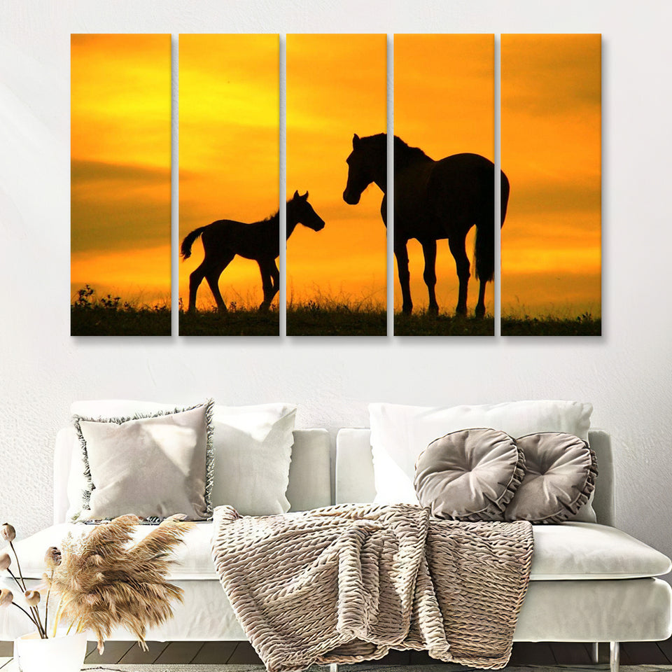 Mommy And Baby Horse In A Sunset 5 Pieces B Canvas Prints Wall Art - Painting Canvas, Multi Panels,5 Panel, Wall Decor