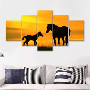 Mommy And Baby Horse In A Sunset  5 Pieces Canvas Prints Wall Art - Painting Canvas, Multi Panels, 5 Panel, Wall Decor