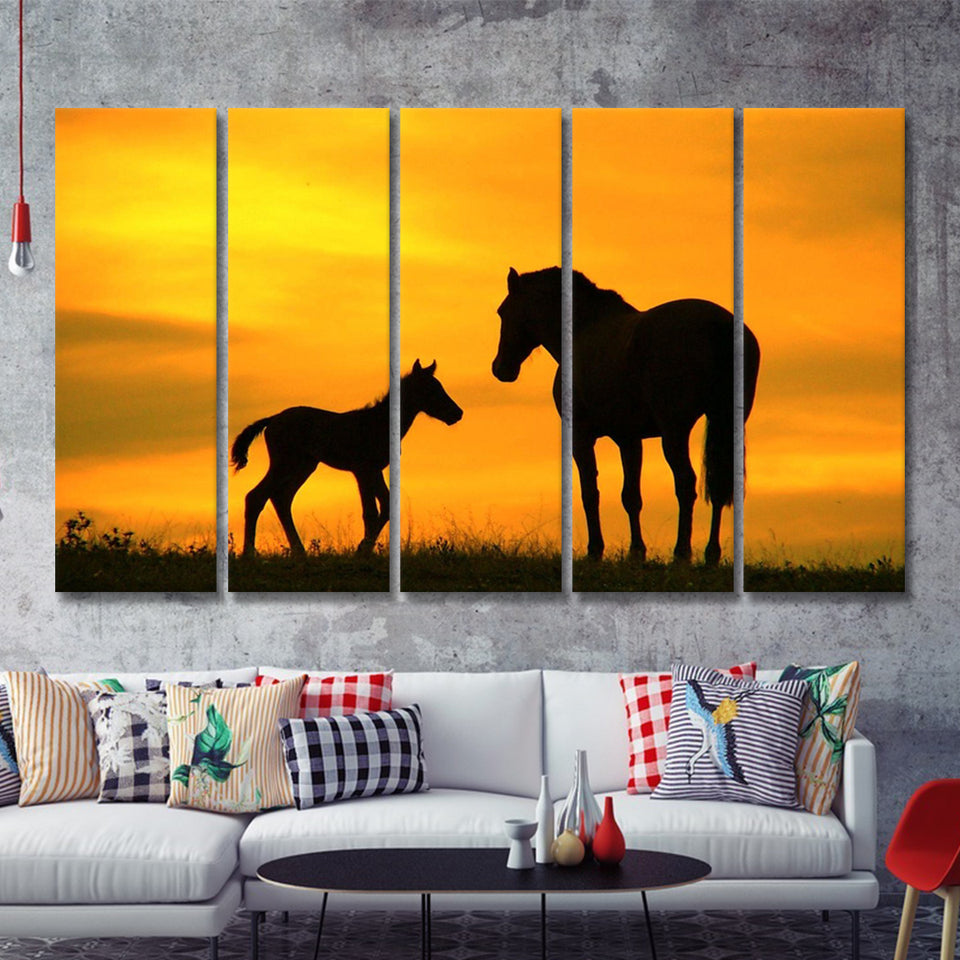 Mommy And Baby Horse In A Sunset 5 Pieces B Canvas Prints Wall Art - Painting Canvas, Multi Panels,5 Panel, Wall Decor