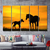 Mommy And Baby Horse In A Sunset 5 Pieces B Canvas Prints Wall Art - Painting Canvas, Multi Panels,5 Panel, Wall Decor