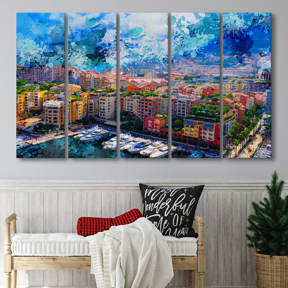 Monaco Wall Art, Monaco, Abstract Monaco Painting, Multi Panels, 5 Pieces B, Canvas Prints Wall Art Home Decor,X Large Canvas