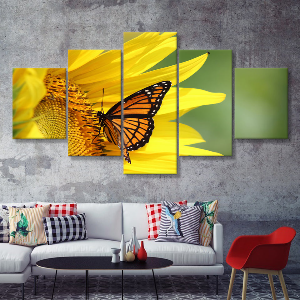 Monarch on a Sunflower 5 Pieces Canvas Prints Wall Art - Painting Canvas, Multi Panels, Wall Decor