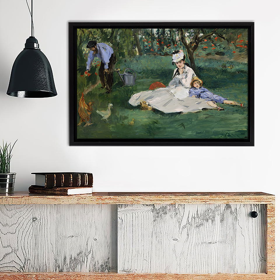 Monet Family In Their Garden By Eduard Manet Framed Canvas Wall Art - Framed Prints, Canvas Prints, Prints for Sale, Canvas Painting