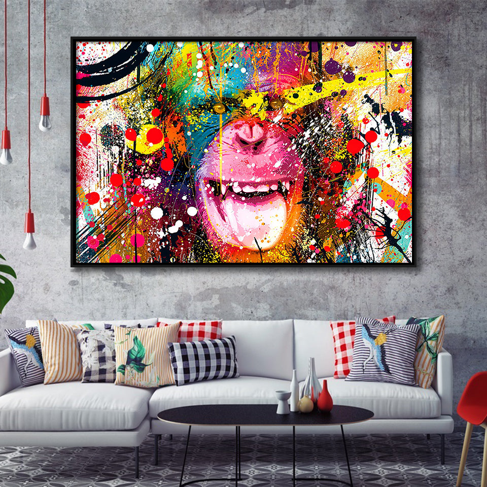 Monkey Colorfull Street Art Banksy Style Framed Canvas Prints Wall Art Home Decor - Painting Canvas, Black Frame, Framed Picture