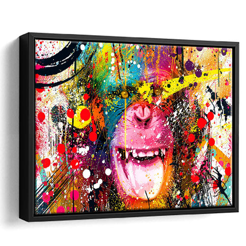 Monkey Colorfull Street Art Banksy Style Framed Canvas Prints Wall Art Home Decor - Painting Canvas, Black Frame, Framed Picture