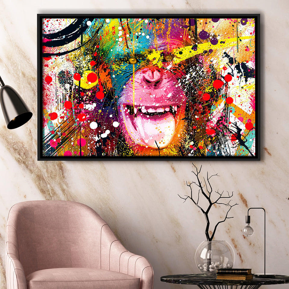 Monkey Colorfull Street Art Banksy Style Framed Canvas Prints Wall Art Home Decor - Painting Canvas, Black Frame, Framed Picture
