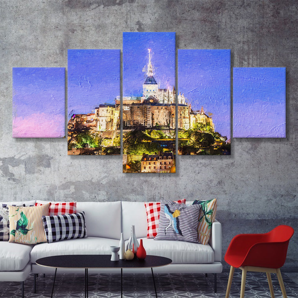 Mont Saint Michel in France Island Fortress 5 Piece Canvas Prints Wall Art Decor - Painting Canvas, Multi Panels