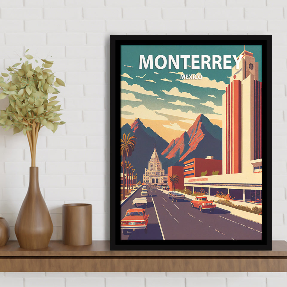 Monterrey Mexico Retro Art Print, Large Canvas, Framed Canvas Print Wall Art Home Decor, Floating Frame