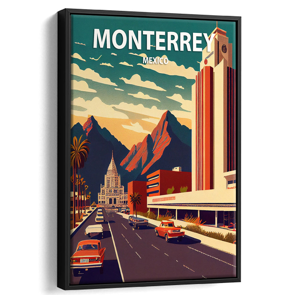 Monterrey Mexico Retro Art Print, Large Canvas, Framed Canvas Print Wall Art Home Decor, Floating Frame