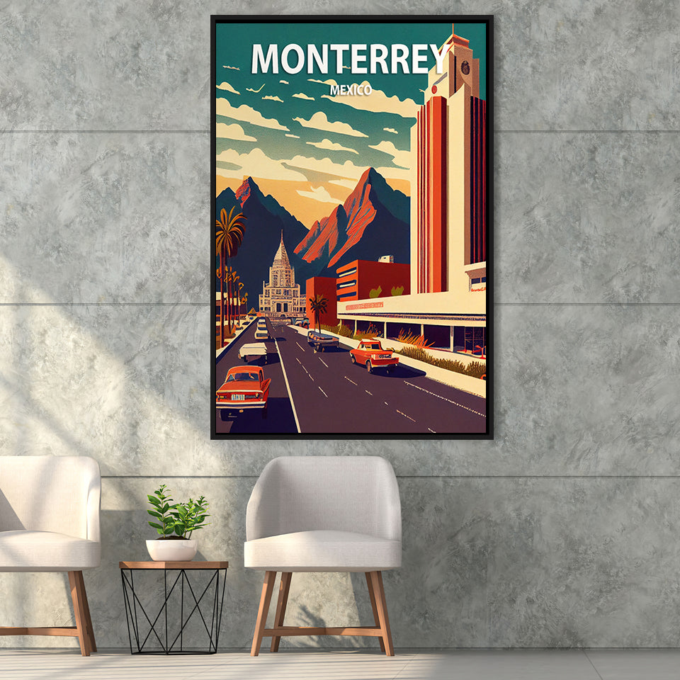 Monterrey Mexico Retro Art Print, Large Canvas, Framed Canvas Print Wall Art Home Decor, Floating Frame