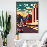 Monterrey Mexico Retro Art Print, Large Canvas, Framed Canvas Print Wall Art Home Decor, Floating Frame