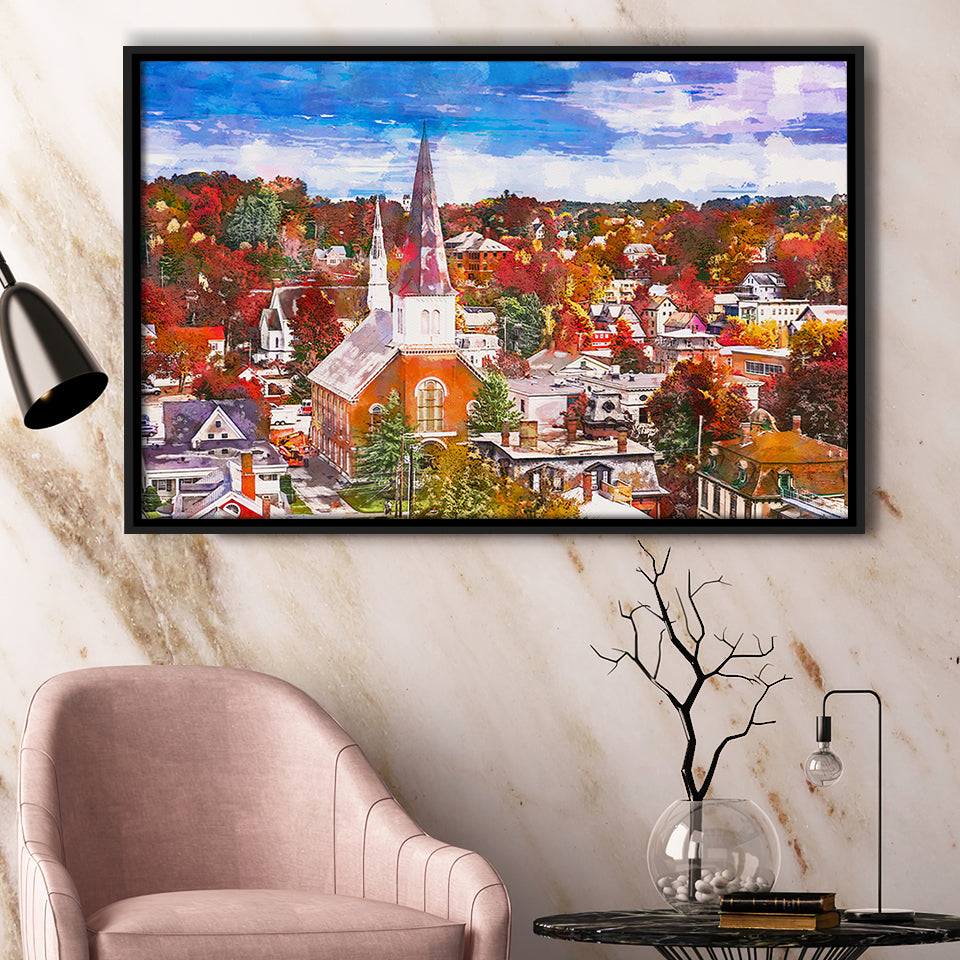 Montpelier Vermont Usa Town Skyline Autumn City Art Watercolor Framed Canvas Prints Wall Art Home Decor,Floating Frame