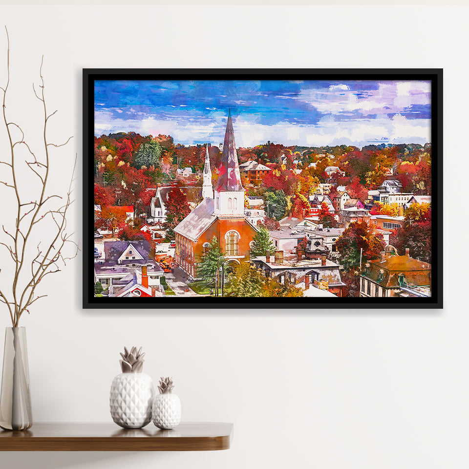 Montpelier Vermont Usa Town Skyline Autumn City Art Watercolor Framed Canvas Prints Wall Art Home Decor,Floating Frame