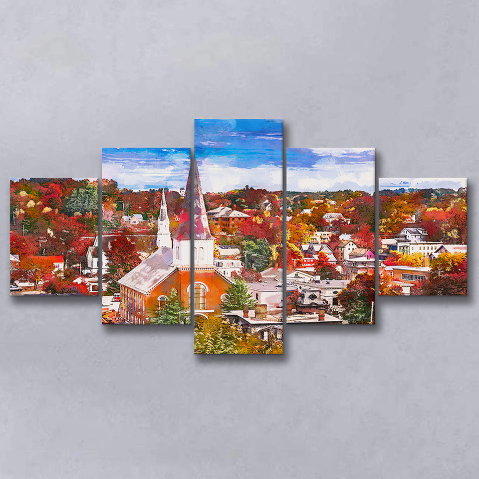 Montpelier Vermont Usa Town Skyline Autumn 5 Pieces Mixed Canvas Prints Wall Art Home Decor