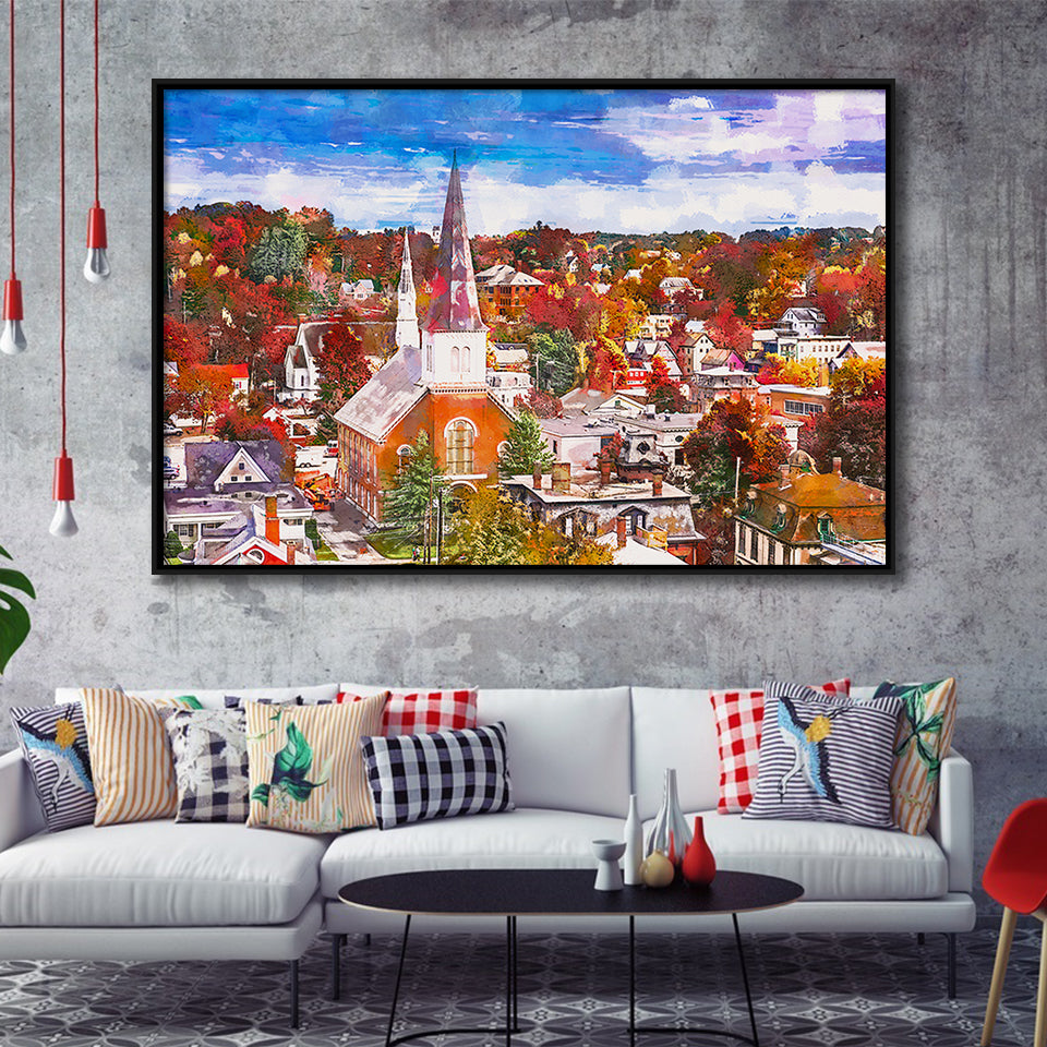 Montpelier Vermont Usa Town Skyline Autumn City Art Watercolor Framed Canvas Prints Wall Art Home Decor,Floating Frame
