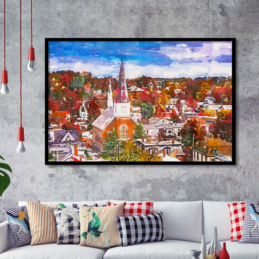 Montpelier Vermont Usa Town Skyline Autumn City Art Watercolor Framed Art Prints Wall Art Decor,Framed Picture
