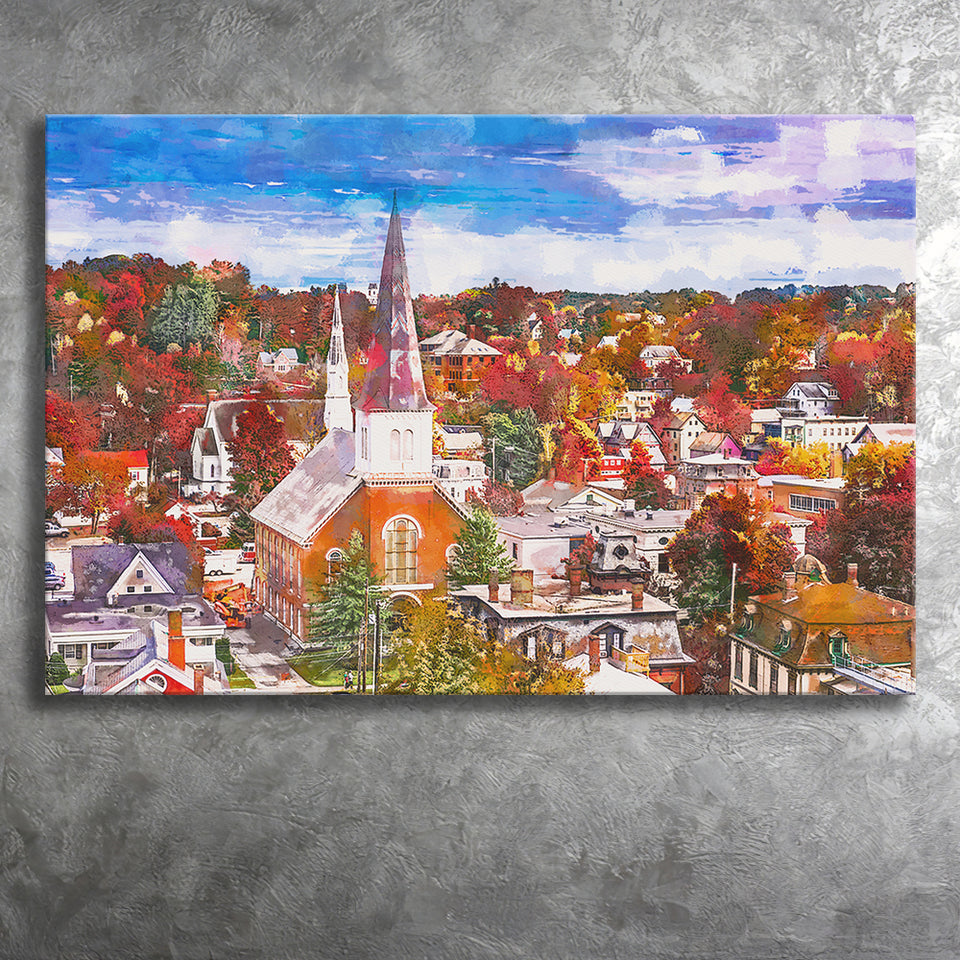Montpelier Vermont Usa Town Skyline Autumn City Art Watercolor Canvas Prints Wall Art Home Decor, Large Canvas