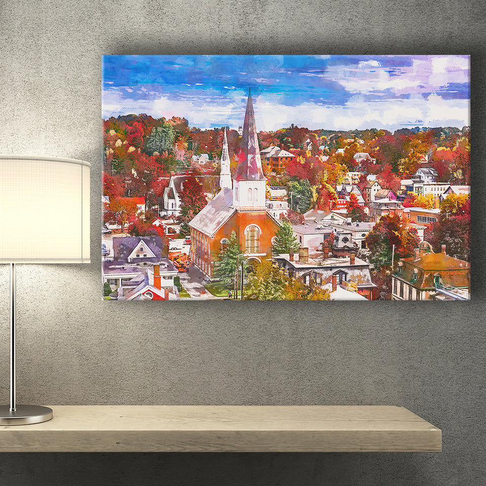 Montpelier Vermont Usa Town Skyline Autumn City Art Watercolor Canvas Prints Wall Art Home Decor, Large Canvas