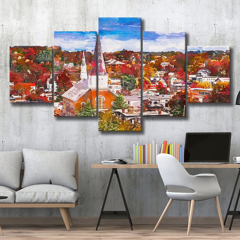 Montpelier Vermont Usa Town Skyline Autumn 5 Pieces Mixed Canvas Prints Wall Art Home Decor