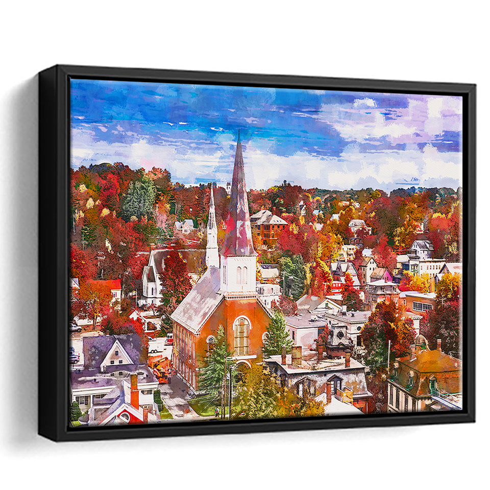 Montpelier Vermont Usa Town Skyline Autumn City Art Watercolor Framed Canvas Prints Wall Art Home Decor,Floating Frame