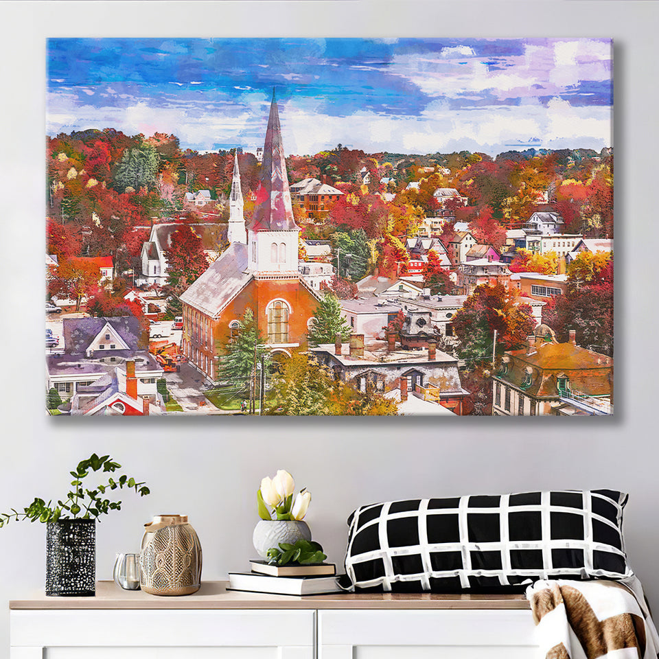 Montpelier Vermont Usa Town Skyline Autumn City Art Watercolor Canvas Prints Wall Art Home Decor, Large Canvas