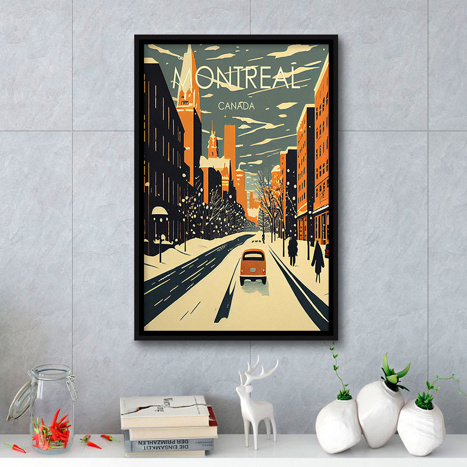 Montreal Canada Retro Art Print, Large Canvas, Framed Canvas Print Wall Art Home Decor, Floating Frame