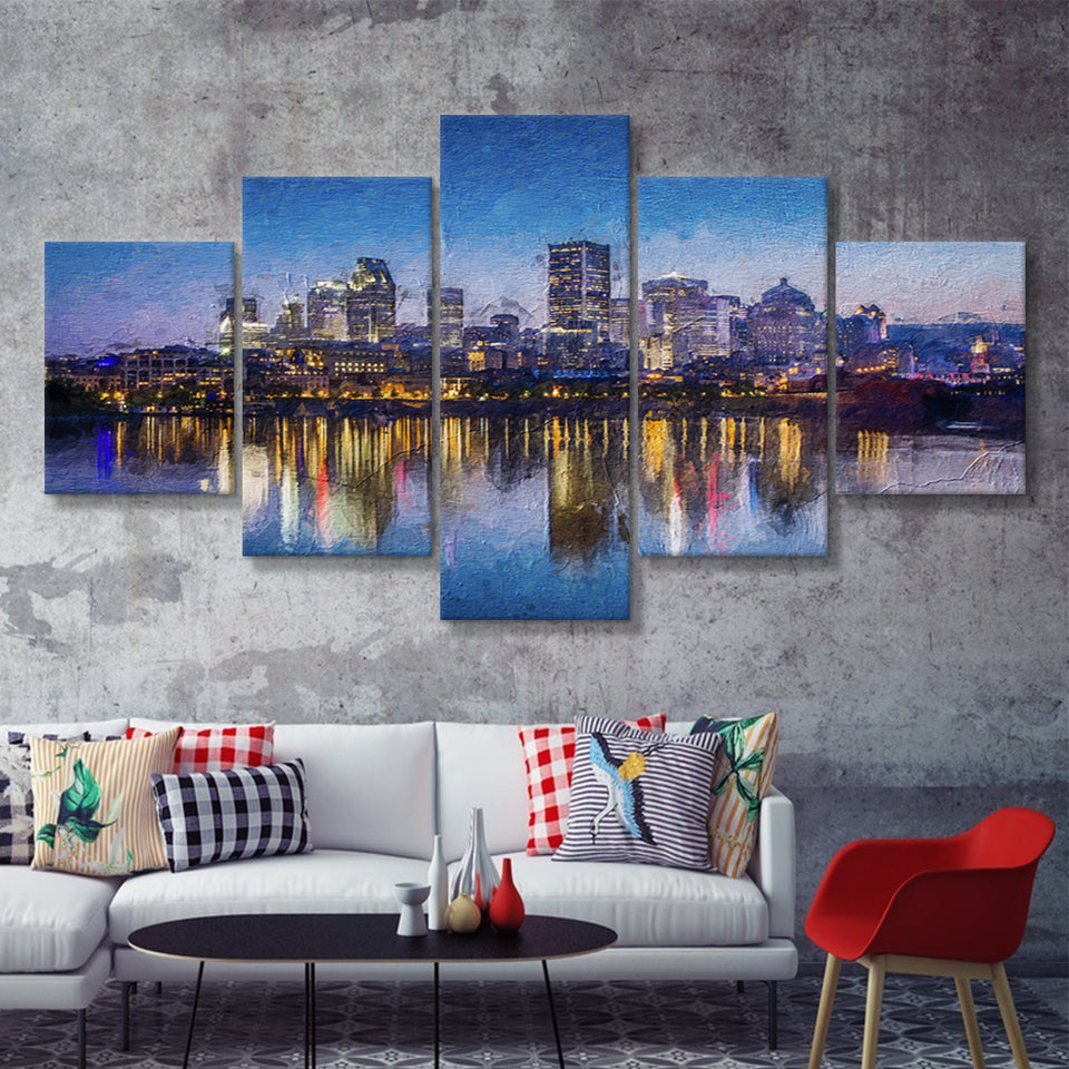 Montreal Downtown View 5 Piece Canvas Prints Wall Art Decor - Painting Canvas, Multi Panels